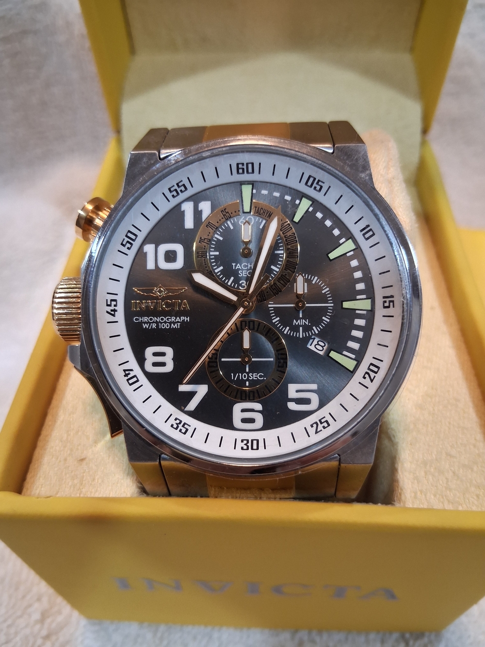 Invicta Stainless Steel Chronograph Watch - Black & Gold Dial